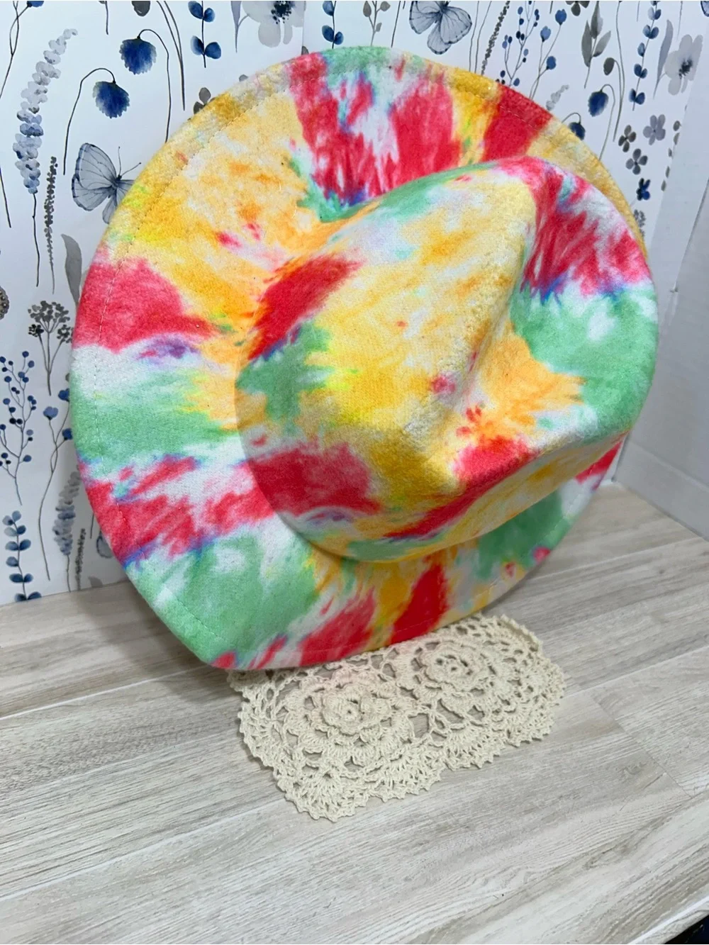 Colorful Tie Dye Wide Brim Fedora Hat Size 58 Boho Festival